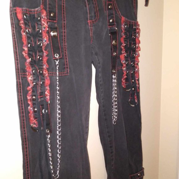 Women's Tripp NYC Daang Goodman Gothic Pants Punk Chain Sz 7 Black/Red Baggy - Picture 3 of 8